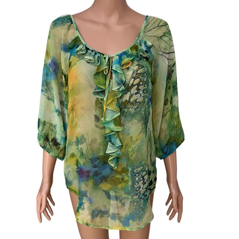 Eric Signature Blouse Elastic Sleeve Watercolor Ruffle Top Size 6